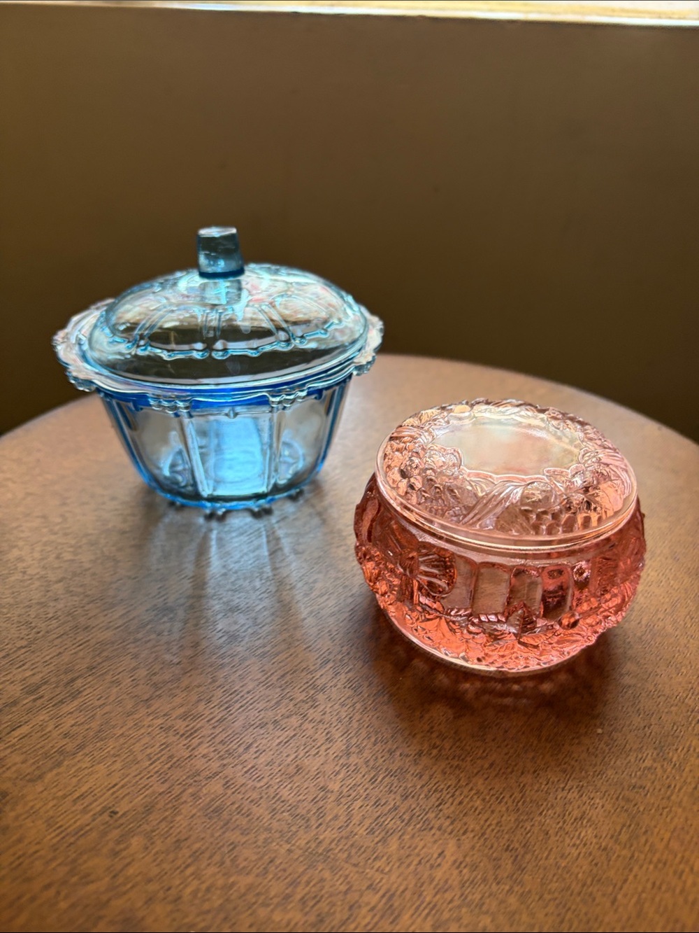 Set of Two Decorative Glass Lidded Dishes in Blue and Pink